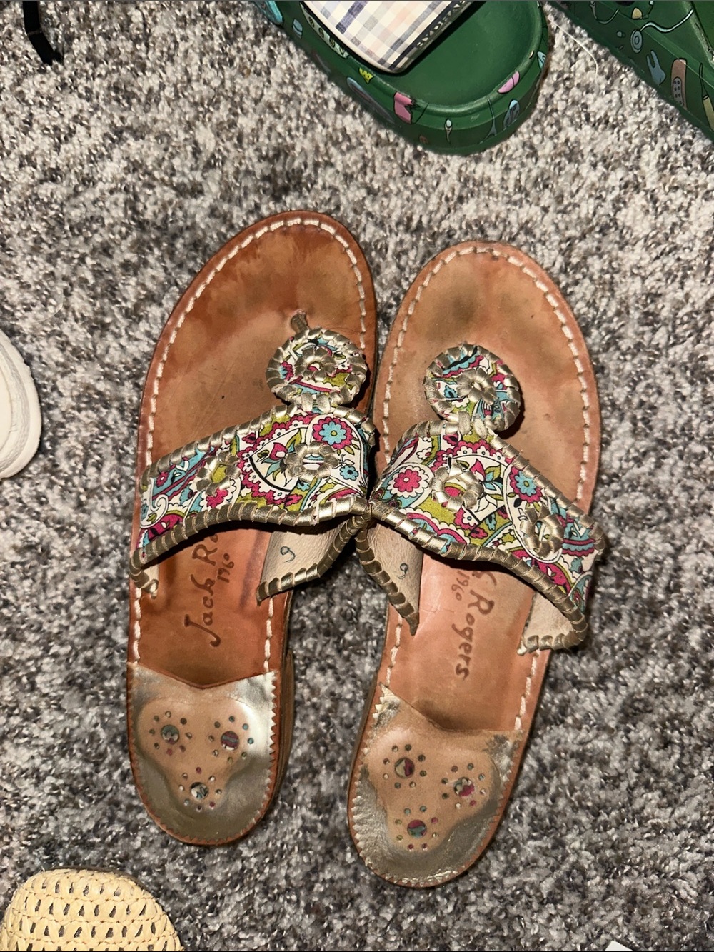 Jack Rogers Brown Leather Sandals with Multicolor Floral Embroidery